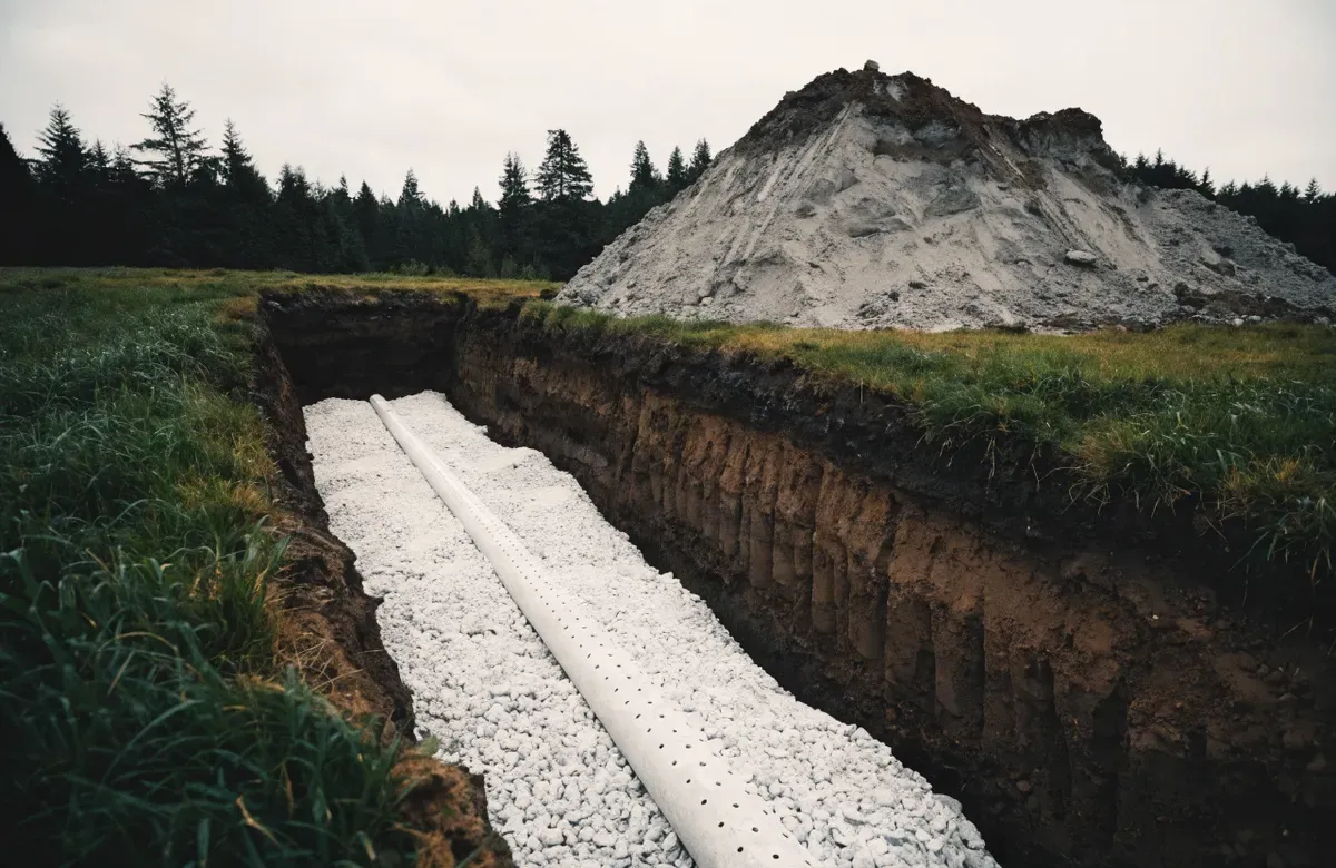 An open drainfield trench with distribution pipe in washed drain rock, North Sound, Washington
